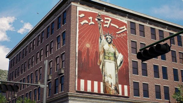 Showa American Story screenshot: A mural of the Statue of Liberty in a kimono is displayed on a brick building with Japanese text above.