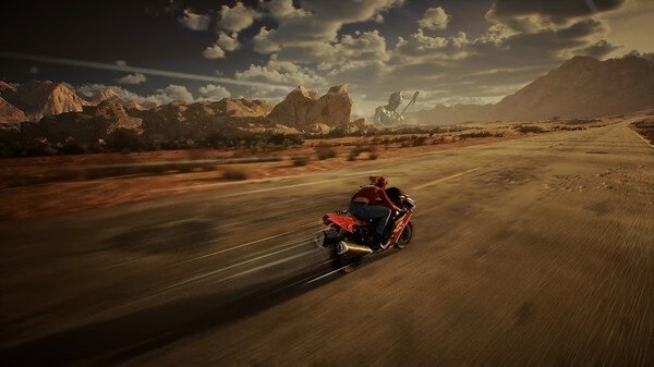 A screenshot from Showa American Story showing a motorbike speeding down a desert highway with mountains and a robot in the background.