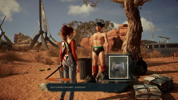 Showa American Story screenshot: A red-haired character speaks to a man in underwear near wind turbines and scattered items in a desert setting.