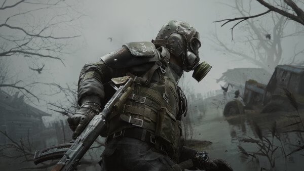 A METRO 2039 screenshot showing a masked character with a rifle in a foggy, desolate swamp surrounded by barren trees and wreckage.