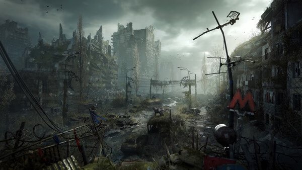 Screenshot from METRO 2039 showing a desolate cityscape with ruined buildings and overgrown vegetation.