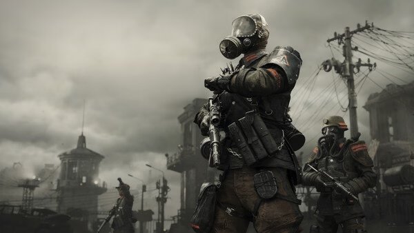 A METRO 2039 screenshot showing armed characters in gas masks standing in a post-apocalyptic urban environment under a cloudy sky.