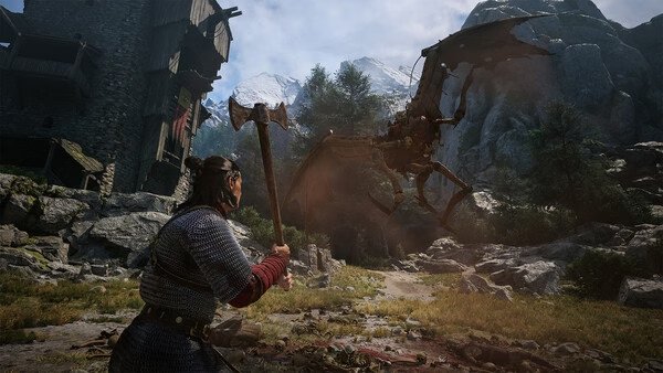 Screenshot from The Blood of Dawnwalker: A warrior confronts a dragon near a stone fortress amidst a mountainous landscape.