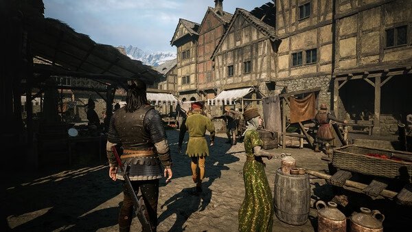 A screenshot from The Blood of Dawnwalker showing a medieval marketplace with NPCs walking among stalls and rustic buildings.