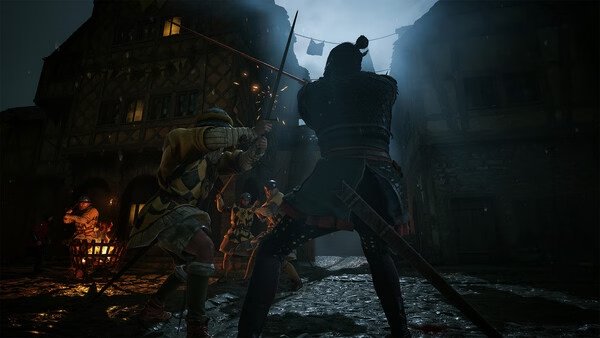 A screenshot from The Blood of Dawnwalker showing a nighttime sword fight in a medieval village with glowing sparks flying.