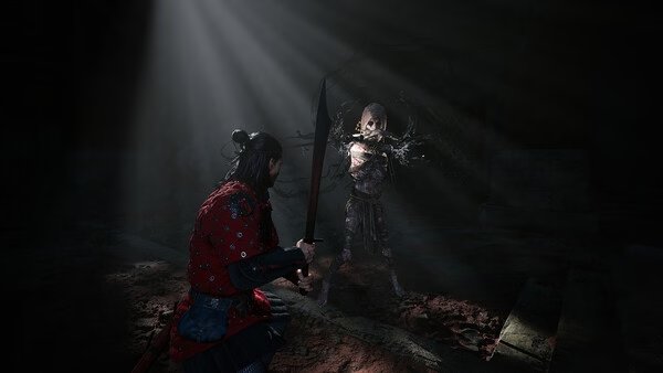 A screenshot from 'The Blood of Dawnwalker' showing a warrior facing a skeletal enemy in a dimly lit, eerie environment.