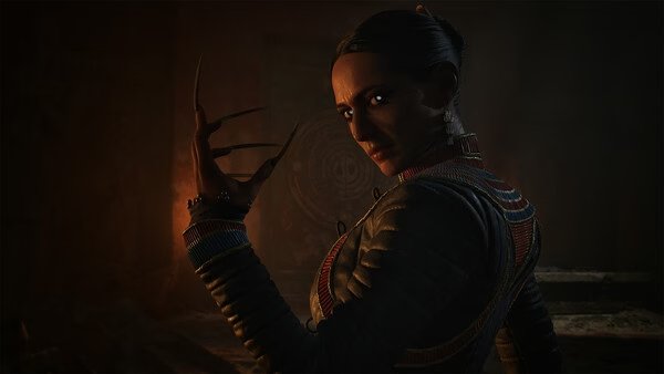 Screenshot from The Blood of Dawnwalker showing a figure with long claws in a dark, mysterious environment.