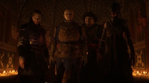 A screenshot from The Blood of Dawnwalker showing four characters in ornate armor standing in a candlelit gothic room.