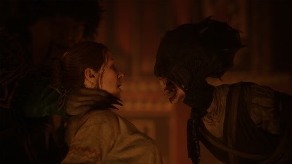 Screenshot from 'The Blood of Dawnwalker' showing a creature confronting a person held by another figure in a dimly lit room.