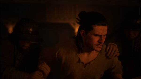 Screenshot from 'The Blood of Dawnwalker' showing a character being restrained by two armored figures in a dimly lit setting.