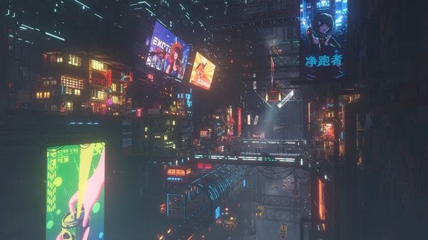 Screenshot from Nivalis: A neon-lit cityscape with vibrant billboards and futuristic architecture under a night sky.