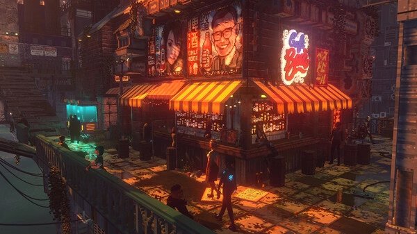 Nivalis screenshot: A vibrant neon-lit street scene with a café, glowing signs, and characters walking near a waterfront at night.