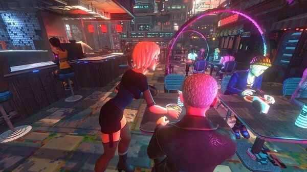 Screenshot from Nivalis showing a futuristic diner. A server interacts with a seated customer under vibrant neon lights.