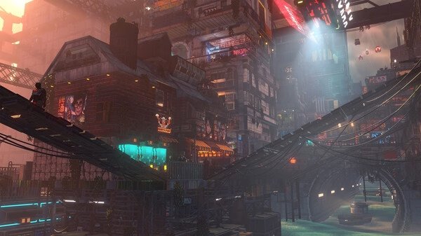 A screenshot from Nivalis showing a cyberpunk cityscape with neon-lit buildings, elevated walkways, and water below.