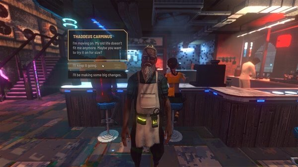 Screenshot from Nivalis shows a conversation with Thaddeus Carminus in a vibrant, neon-lit bar setting.