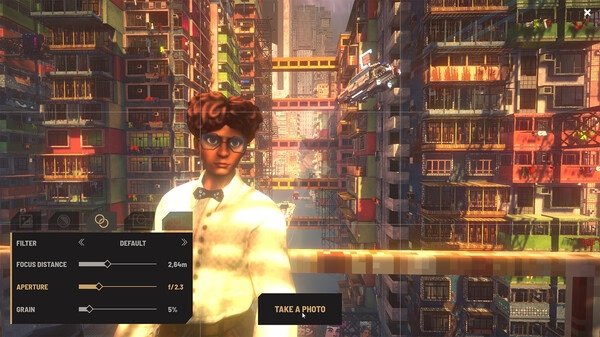Screenshot from Nivalis showing a character on a balcony overlooking a vibrant, futuristic cityscape.