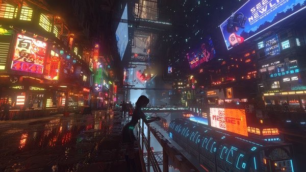 Screenshot from Nivalis showing a silhouetted figure standing by a railing in a vibrant, neon-lit cityscape with digital billboards.