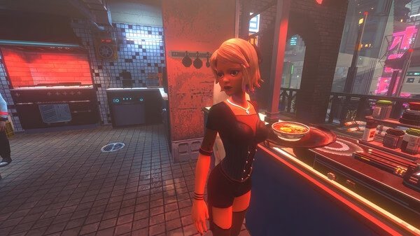 Screenshot from Nivalis: A character stands in a neon-lit kitchen, holding a dish. The background shows futuristic city elements.
