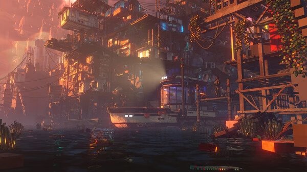 Screenshot of Nivalis game showing a futuristic cityscape at sunset, with buildings over water and glowing lights.