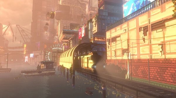 Screenshot from the game Nivalis showing a futuristic train gliding through a sunlit cityscape above water.