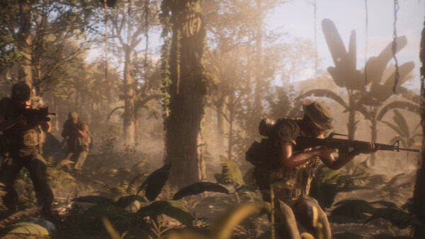 Screenshot from Hell Let Loose: Vietnam showing soldiers advancing through a dense jungle, armed with rifles, under dappled sunlight.