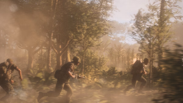 Hell Let Loose: Vietnam screenshot showing soldiers advancing through a dense jungle under hazy sunlight.