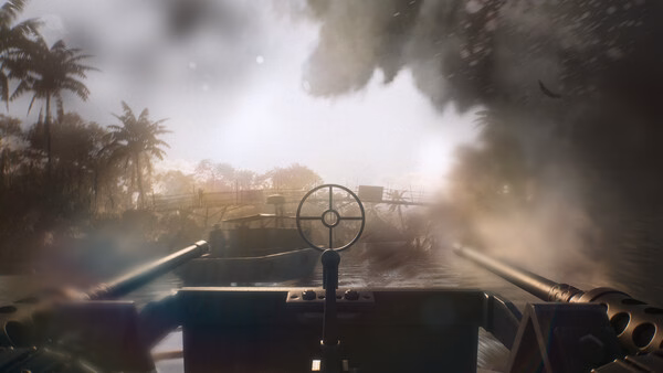Screenshot from Hell Let Loose: Vietnam showing a river scene with a visible boat and mounted gun amidst dense foliage and mist.
