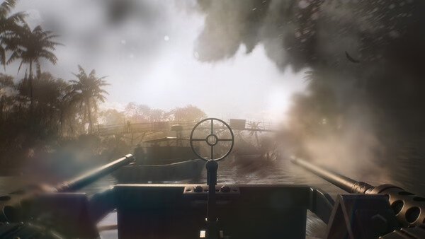 Screenshot from Hell Let Loose: Vietnam showing a river scene with a visible boat and mounted gun amidst dense foliage and mist.