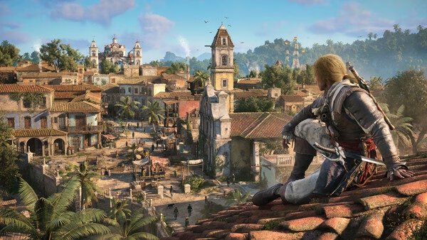 Screenshot from Assassin's Creed Black Flag Resynced showing Edward Kenway overlooking a vibrant colonial town from a rooftop.