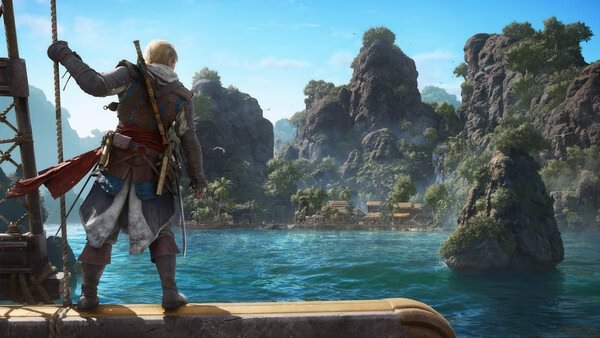 Screenshot from Assassin's Creed Black Flag Resynced showing a character on a ship gazing at a lush, rocky island.