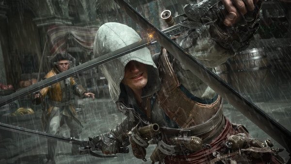 A screenshot from Assassin's Creed Black Flag Resynced showing a hooded character holding swords in a dynamic action scene under rain.
