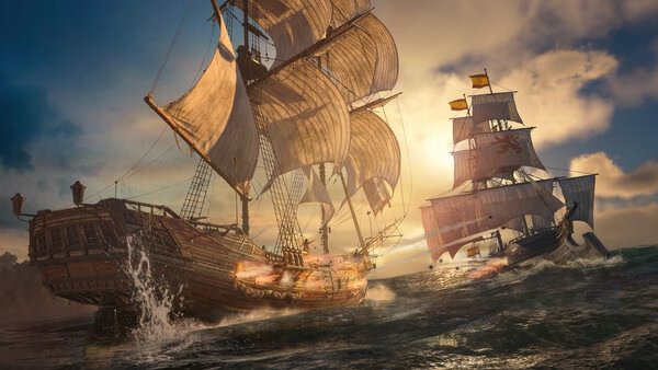 Screenshot from Assassin's Creed Black Flag Resynced showing two ships engaged in a naval battle on the ocean at sunset.