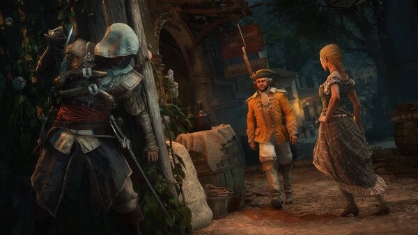 Assassin's Creed Black Flag Resynced screenshot: A hooded character stealthily watches a man and woman in a cobblestone street.