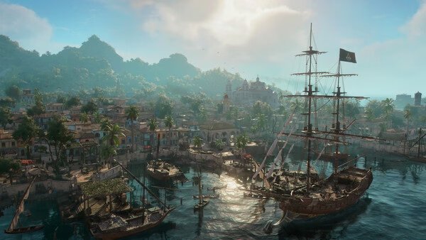Screenshot from Assassin's Creed Black Flag Resynced showing a pirate ship docked in a vibrant Caribbean port under a clear sky.