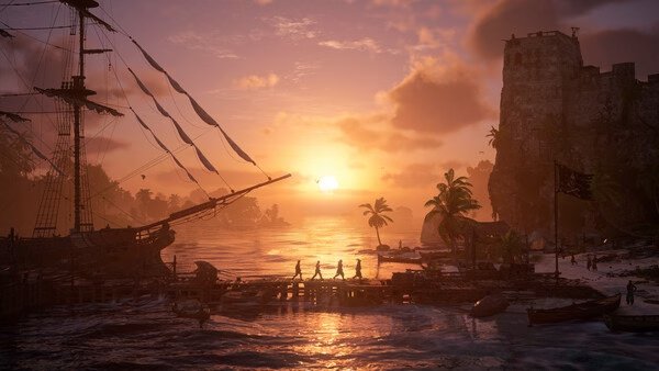 Screenshot from Assassin's Creed Black Flag Resynced: A pirate ship docked at sunset with a stone fortress in the background.