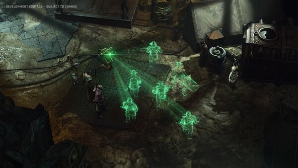 Warhammer 40,000: Dark Heresy screenshot of holographic figures on a battlefield, surrounded by characters and machinery.