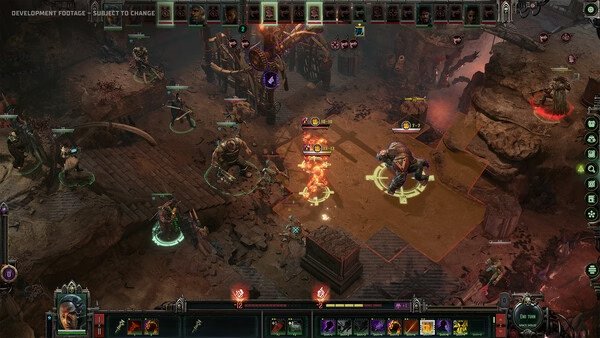 Screenshot from Warhammer 40,000: Dark Heresy showing characters engaged in a tactical battle on a rocky terrain.