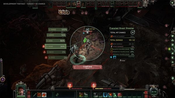 Screenshot from Warhammer 40,000: Dark Heresy showing player stats and a battle with a Frenzied Kroot Shooter in a dark environment.