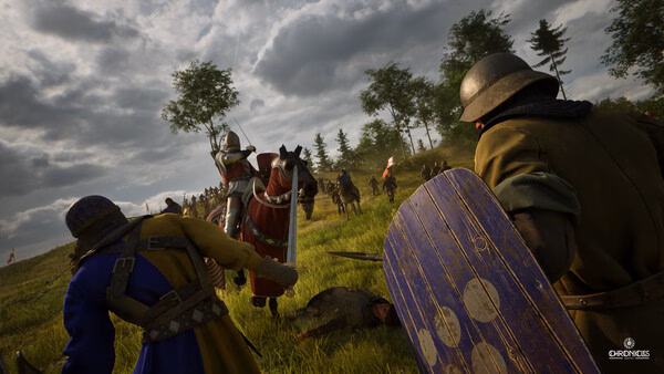 Screenshot from Chronicles: Medieval showing armored knights engaged in battle on a grassy field under a cloudy sky.