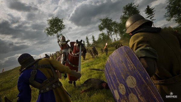 Screenshot from Chronicles: Medieval showing armored knights engaged in battle on a grassy field under a cloudy sky.