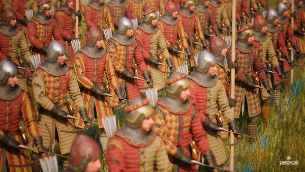 Screenshot from Chronicles: Medieval showing a group of armored archers standing in formation on a grassy field.