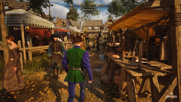 A screenshot from Chronicles: Medieval showing a bustling medieval marketplace with vendors, shoppers, and detailed wooden stalls.