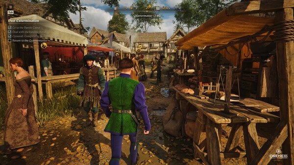 A screenshot from Chronicles: Medieval showing a bustling medieval marketplace with vendors, shoppers, and detailed wooden stalls.