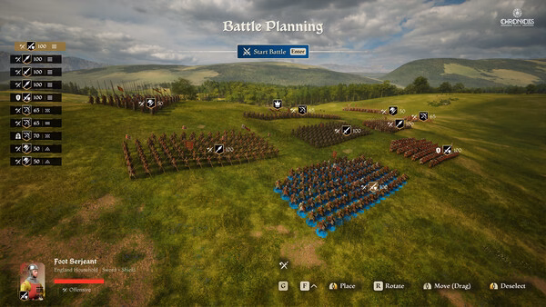 Screenshot from Chronicles: Medieval showing an army formation on a grassy battlefield, ready for battle planning.