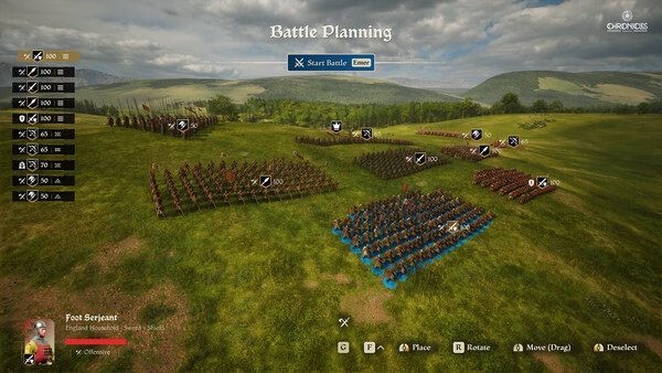 Screenshot from Chronicles: Medieval showing an army formation on a grassy battlefield, ready for battle planning.