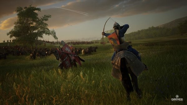 Screenshot from Chronicles: Medieval showing a mounted archer aiming at a distant cavalry charge in a grassy field.