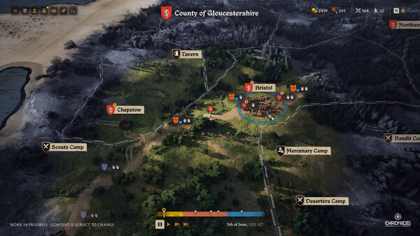 Screenshot of Chronicles: Medieval showing a map with labeled locations like Bristol, Tavern, and Scout Camp.