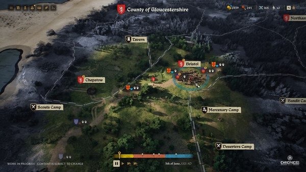 Screenshot of Chronicles: Medieval showing a map with labeled locations like Bristol, Tavern, and Scout Camp.