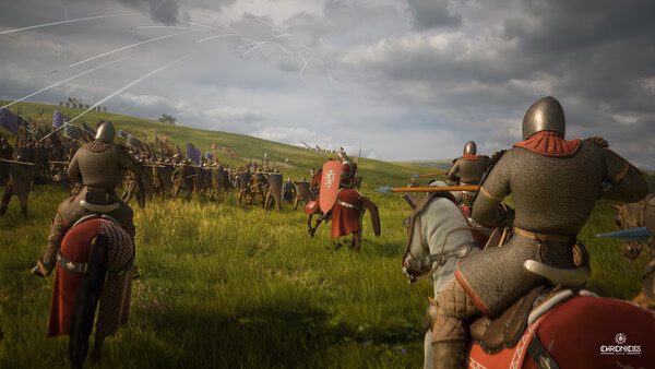 Knights on horseback charge into a battle against soldiers in a grassy field in this Chronicles: Medieval screenshot.