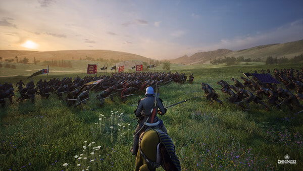Screenshot from Chronicles: Medieval showing a mounted knight leading an army into battle across a grassy field at sunset.